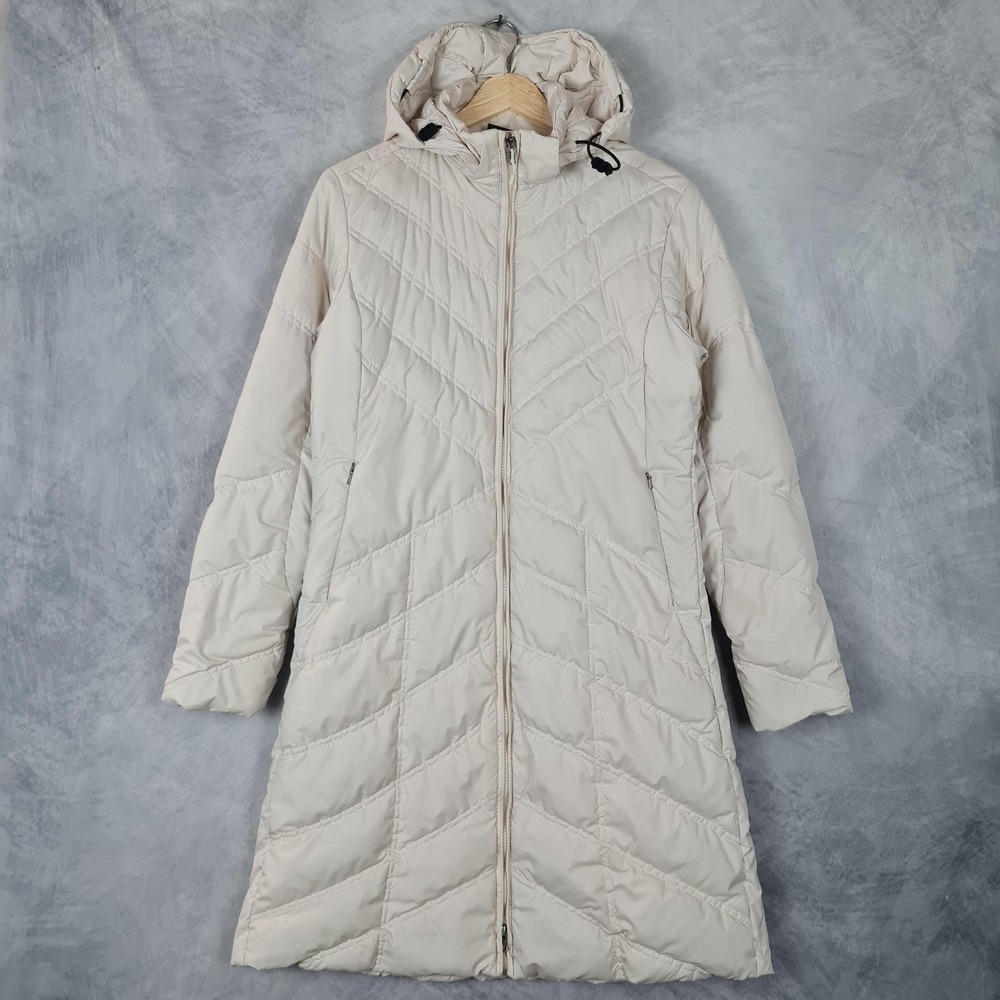 Patagonia Jacket Womens Medium White Hooded Down Quilted Puffer Coat Mid Length